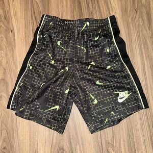 Nike Kids' Athletic Shorts Black Green‎ Grid Swoosh Logo Activewear Medium